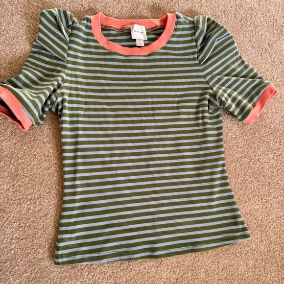 Maeve Tops - Maeve Anthroplogie Green Blue Striped Short Sleeve Tee  Coral Trim S